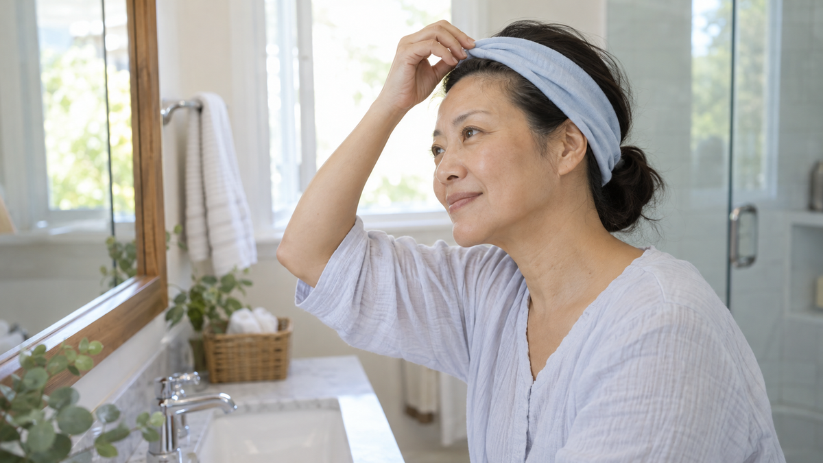 Mature woman moving a soft blue headband away from her hairline in a bright bathroom
