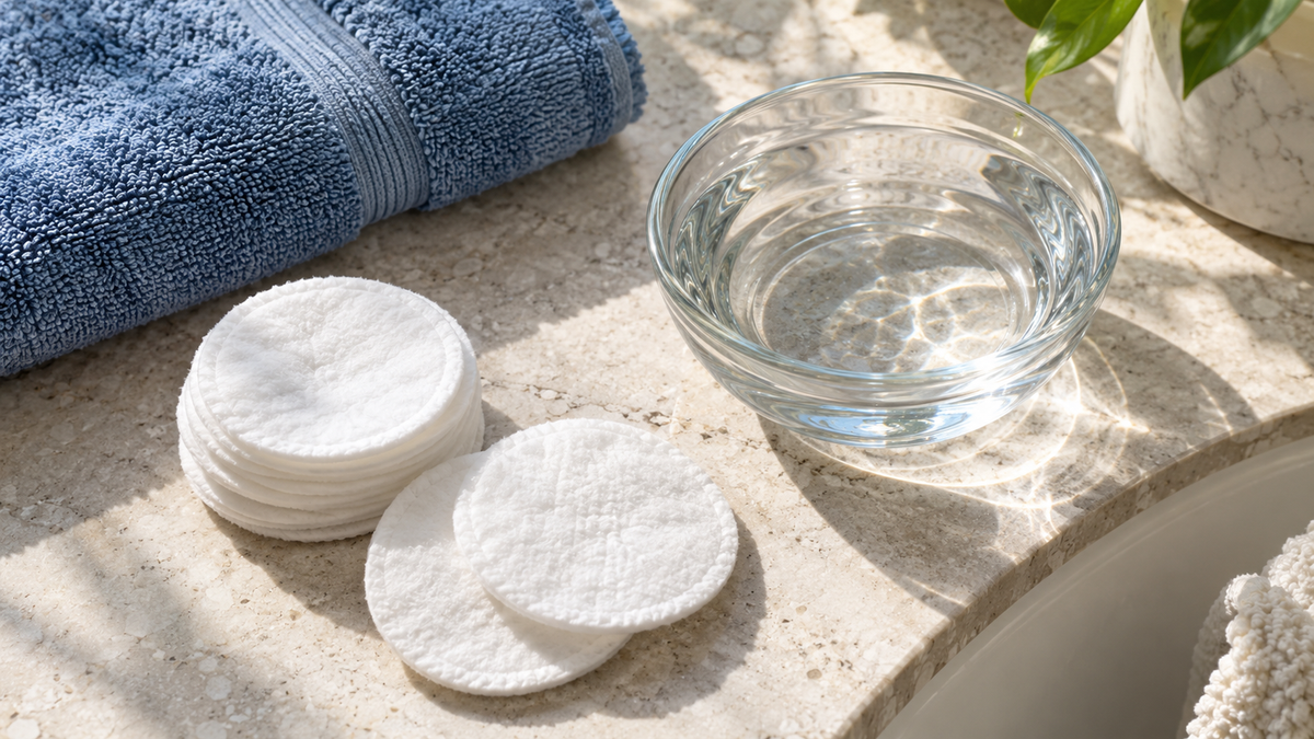 Plain white cotton rounds beside a blue towel and a bowl of water on a sunny counter
