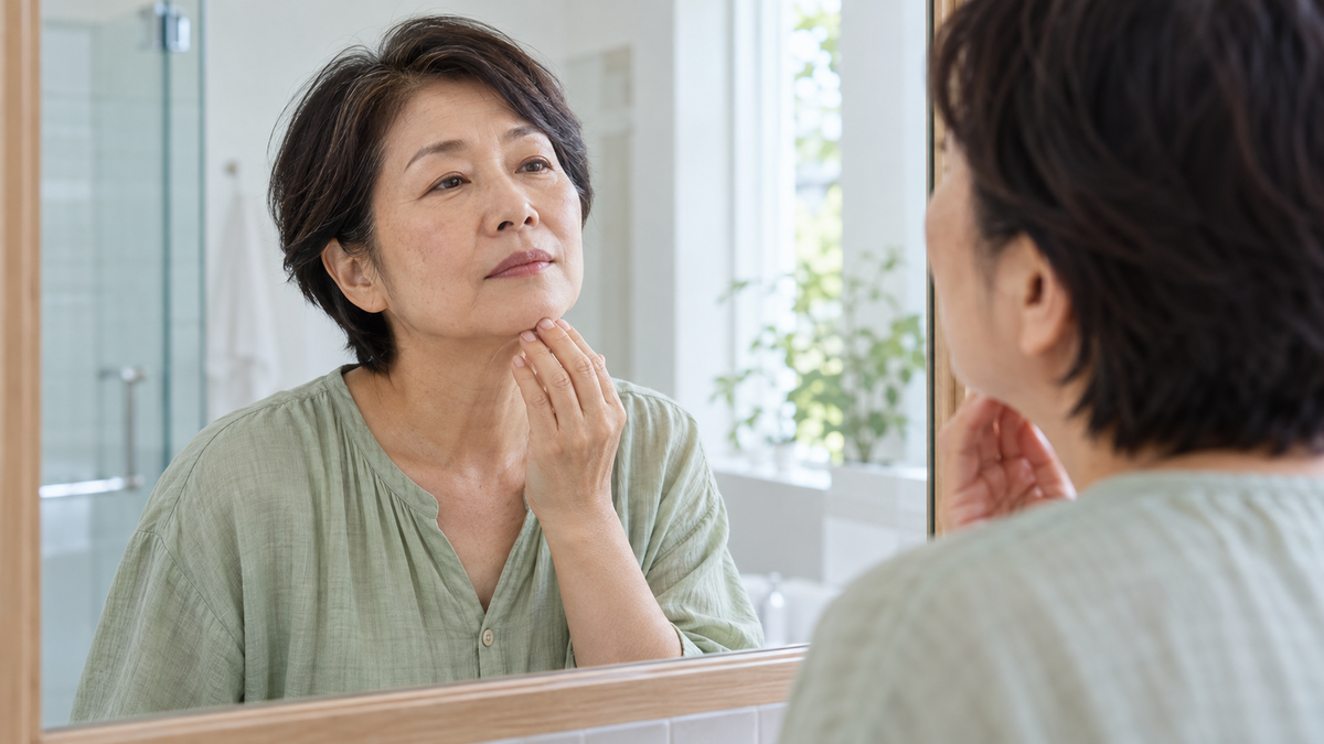 Mature East Asian woman in a pale green blouse looking at her chin in a bright bathroom mirror