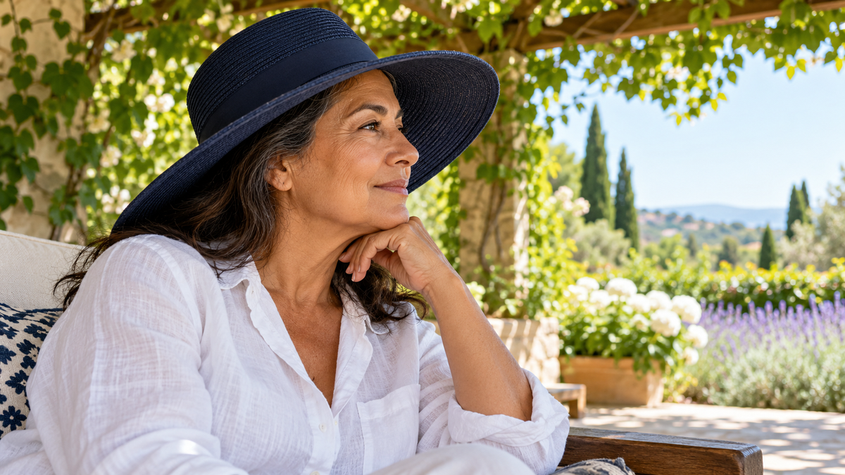 Mature Latina woman in a wide-brimmed navy hat and white linen shirt resting in shaded garden seating