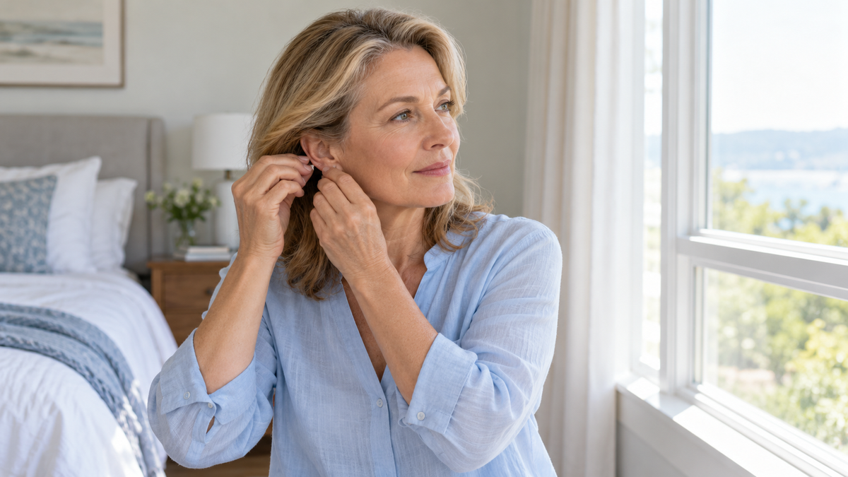 Mature woman carefully removing a small earring beside a bright bedroom window