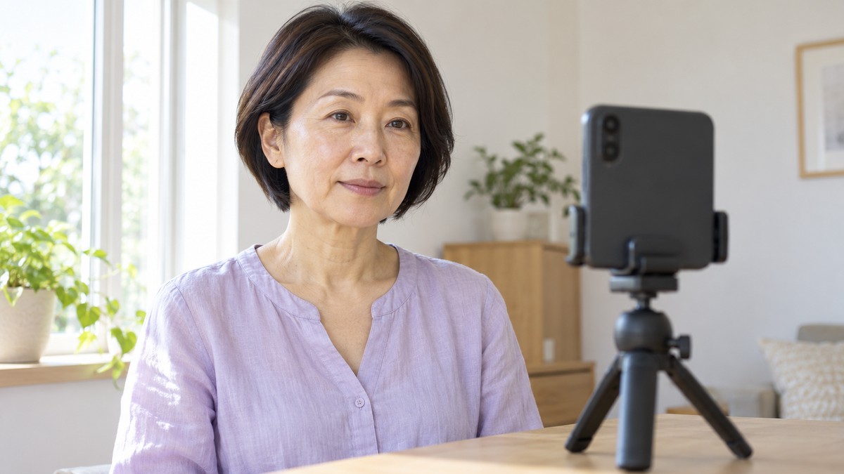 Mature woman facing a smartphone on a tabletop tripod beside a bright window