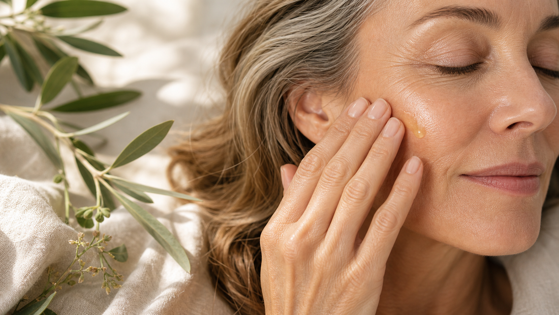 Editorial close up of botanical oil texture applied gently to mature skin