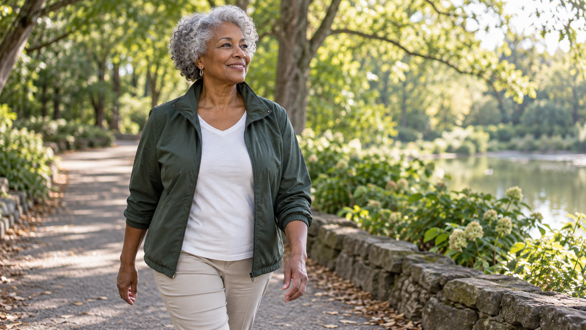 Silver-haired mature woman in a green jacket walking along a leafy park path