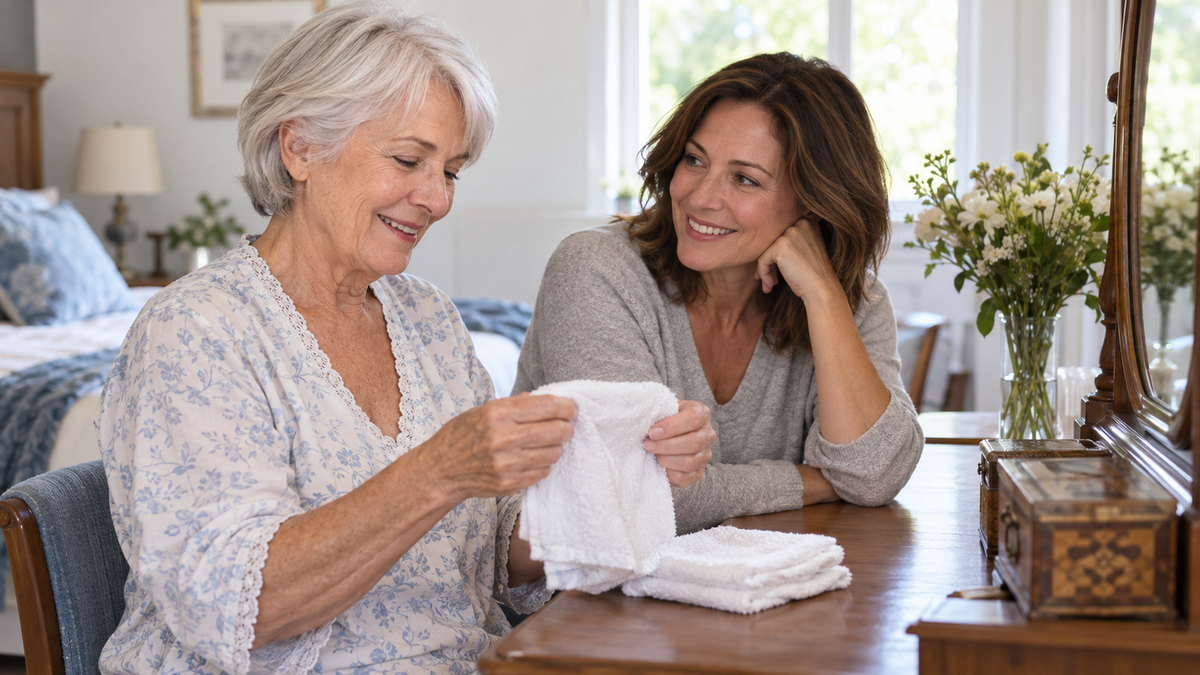 Silver-haired older mother folding a white washcloth while chatting with her adult daughter at a bedroom dressing table