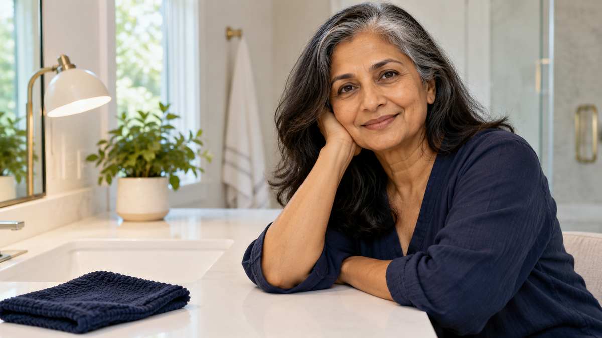 Mature South Asian woman beside a bright white vanity with a navy washcloth and soft task lamp