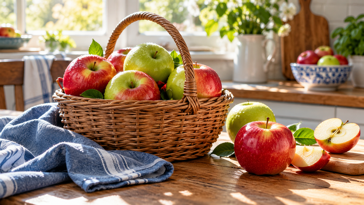 Fresh red and green apples in a basket on a sunlit kitchen table beside a blue cloth