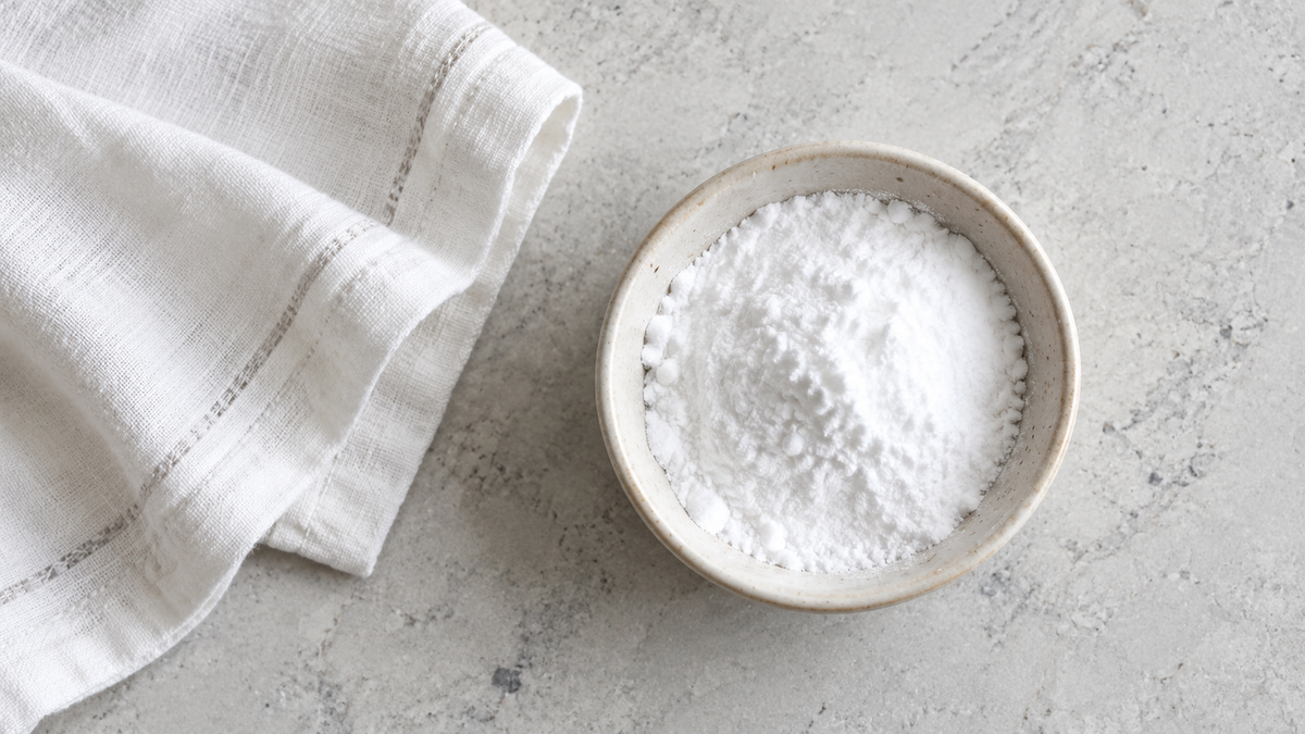 Small ceramic bowl of white baking soda beside a cotton cloth on a pale kitchen table