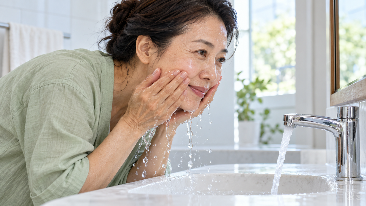 Mature woman gently rinsing her face with water at a bright bathroom sink