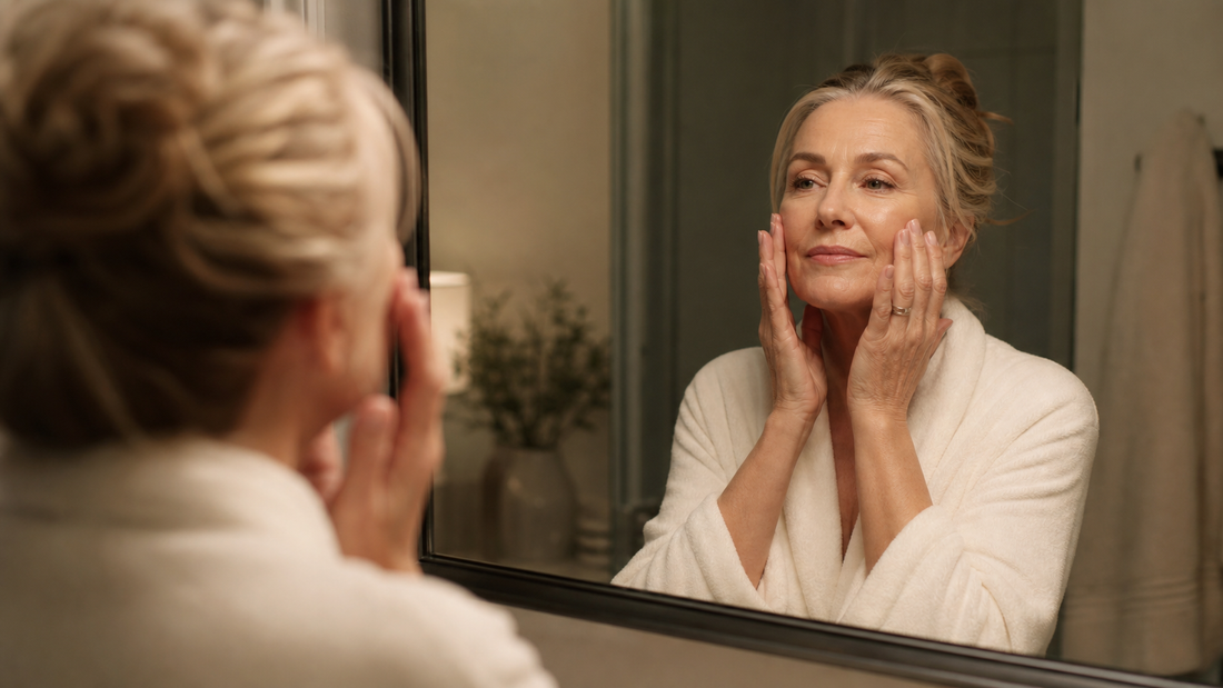 Woman applying the final step of an ultimate skincare routine at 54