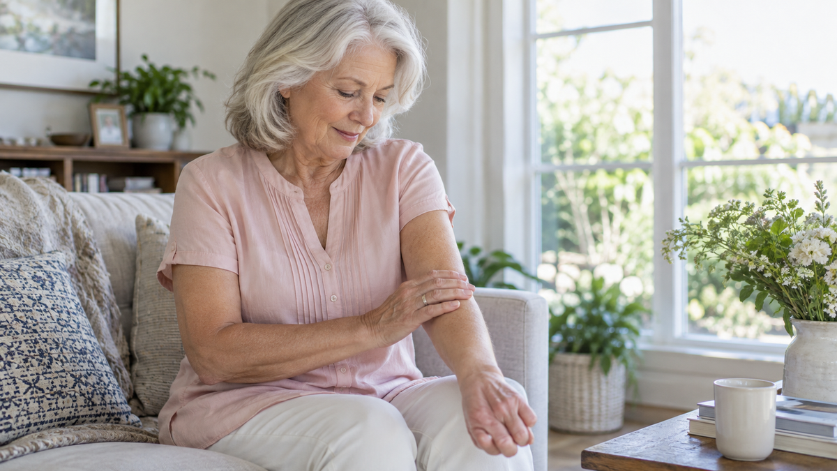 Silver-haired woman in a pale pink blouse looking at her forearm beside a sunny window