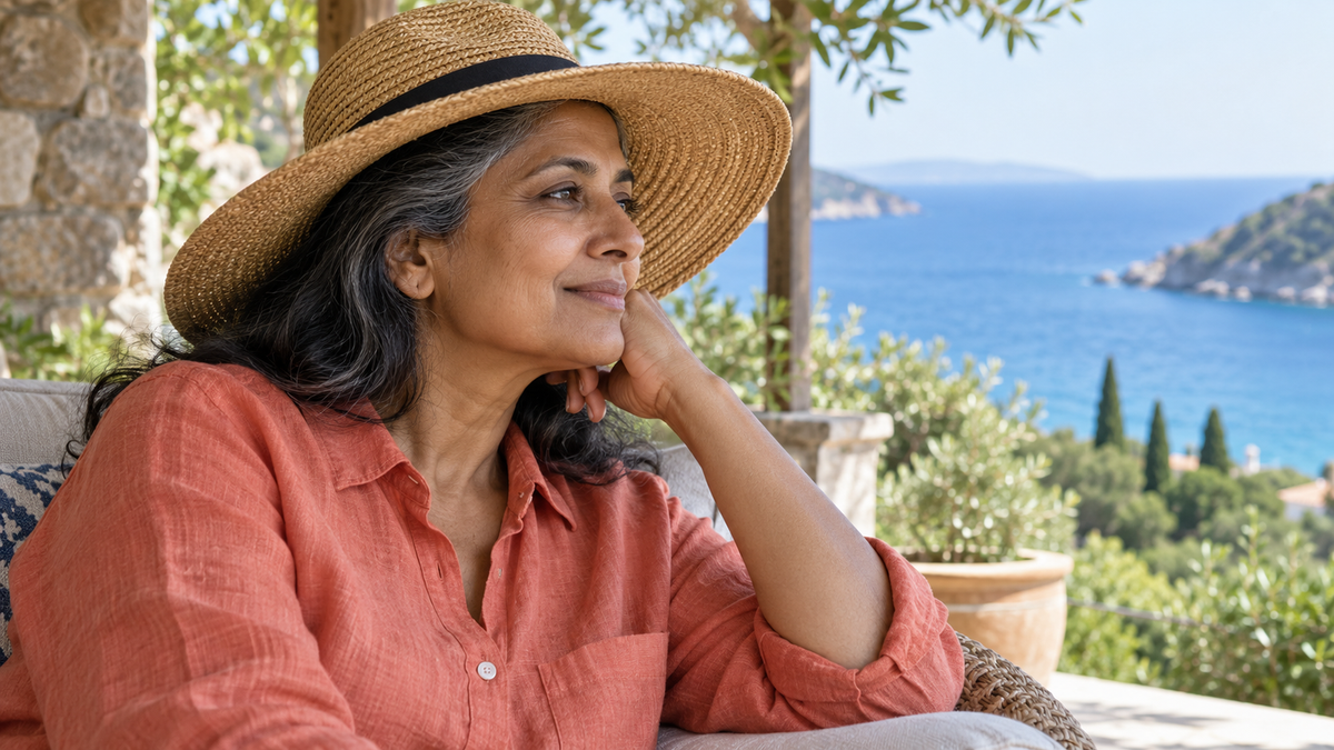Mature woman in a broad-brimmed hat sitting in shade on a coastal terrace
