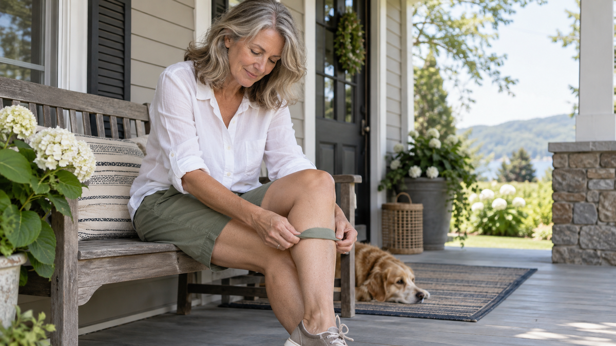 Mature woman adjusting a clothing hem near her lower leg while seated on a bright porch