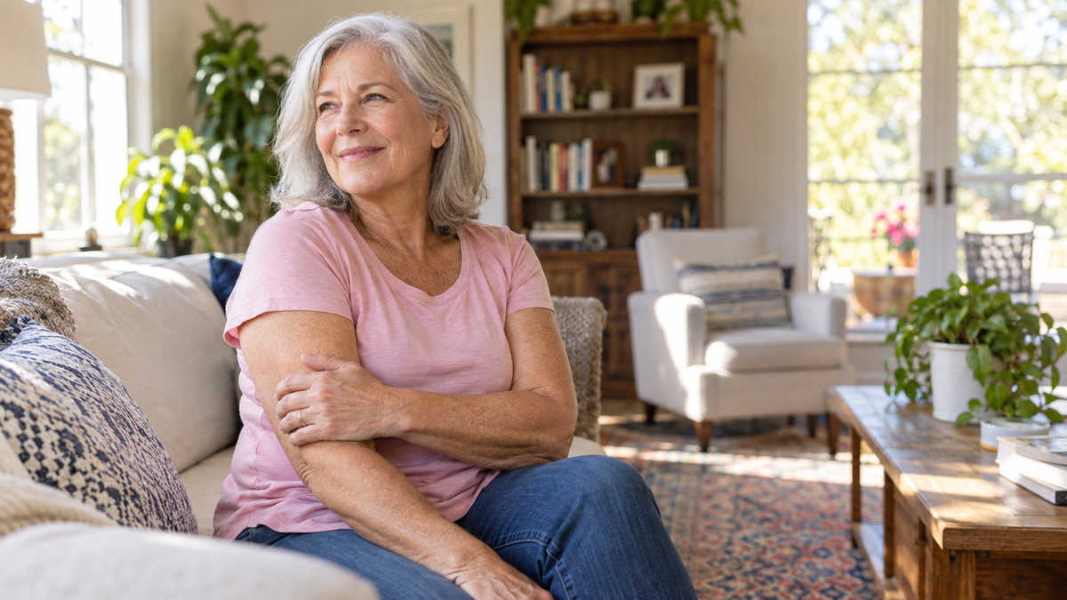 Mature woman in a pink shirt resting a hand naturally on her upper arm in a sunny living room