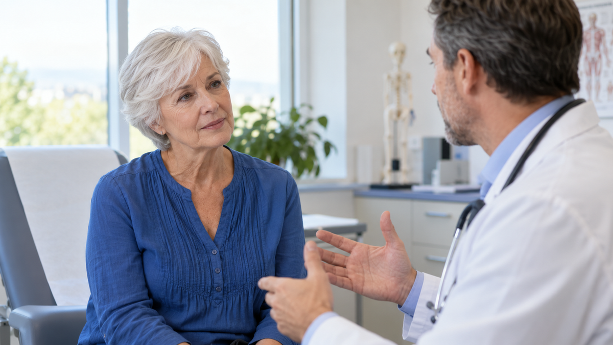 Silver-haired woman in a blue blouse speaking with a clinician in a bright consultation room