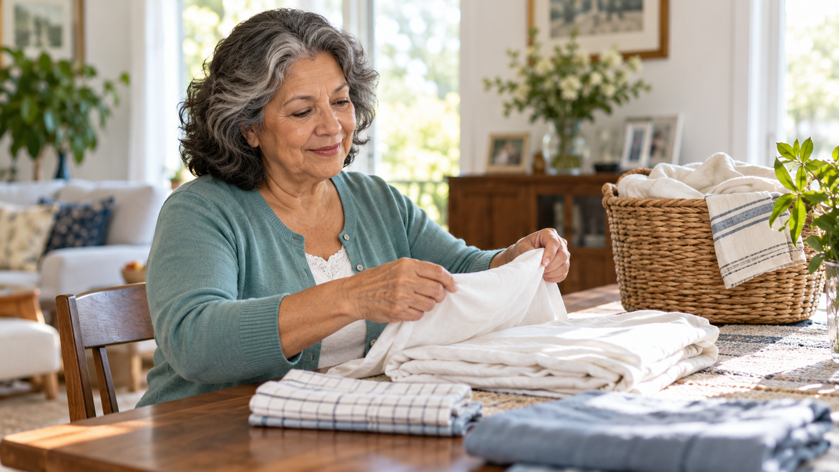 Mature Latina woman in a teal cotton cardigan carefully folding linen at a sunlit dining table
