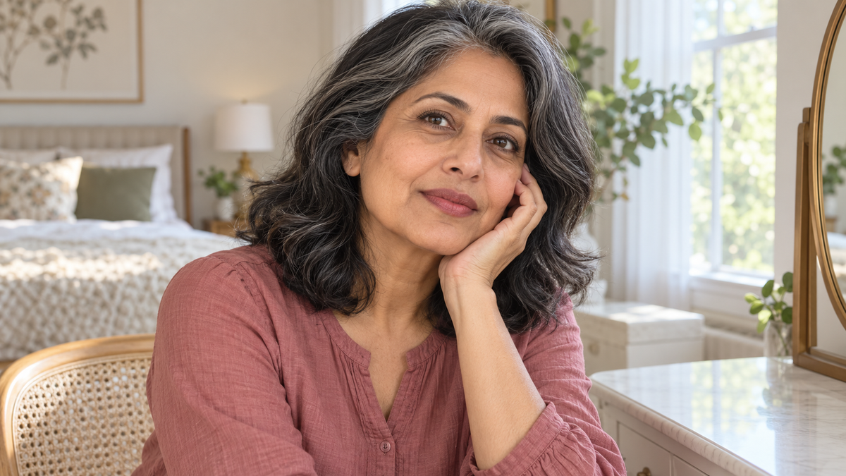 Mature South Asian woman in a muted rose blouse gently resting fingertips on her cheek near a bright vanity