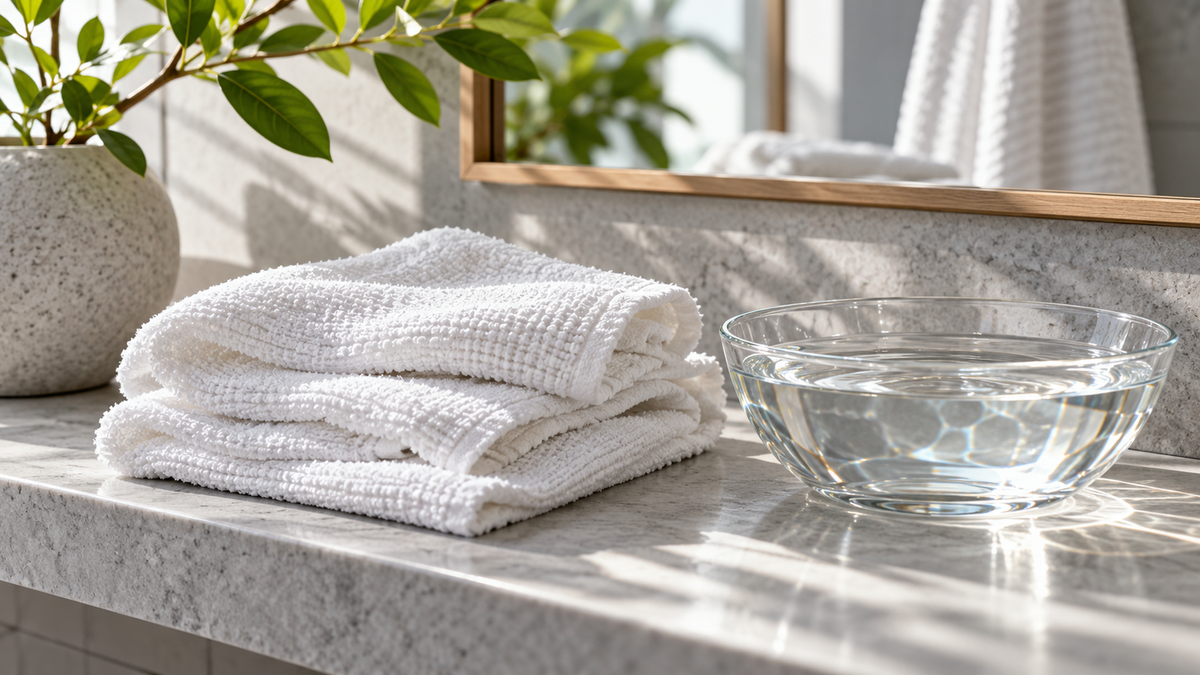 Clean white cotton washcloths and a glass bowl of water on a bright stone bathroom shelf