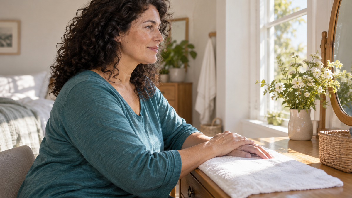 Curly-haired mature woman in a teal top resting her bare hands on a towel at a sunny vanity