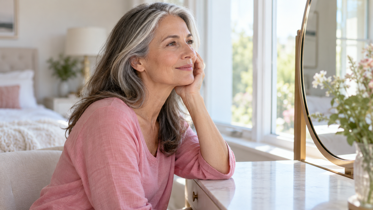 Silver-streaked mature woman in a pink top resting a hand on her cheek beside a bright vanity