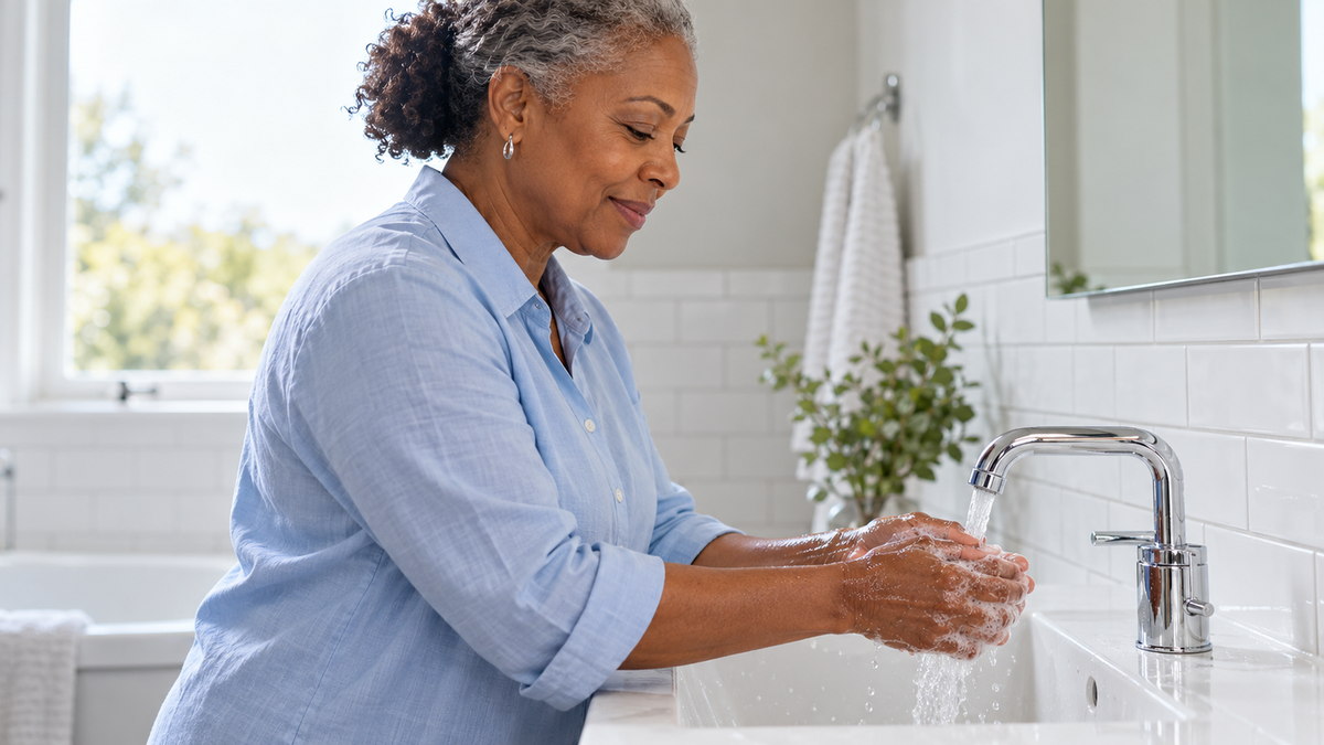 Mature Black woman in a light blue blouse gently washing her hands at a bright bathroom basin