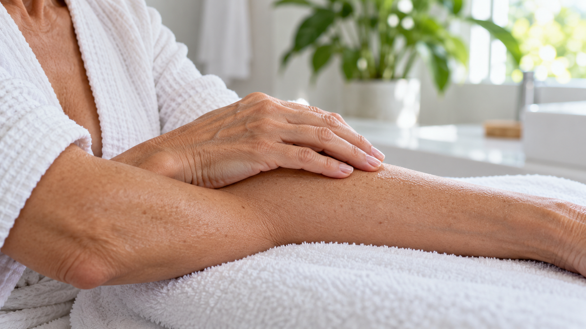 Close view of mature hands resting gently on an intact forearm above a white towel