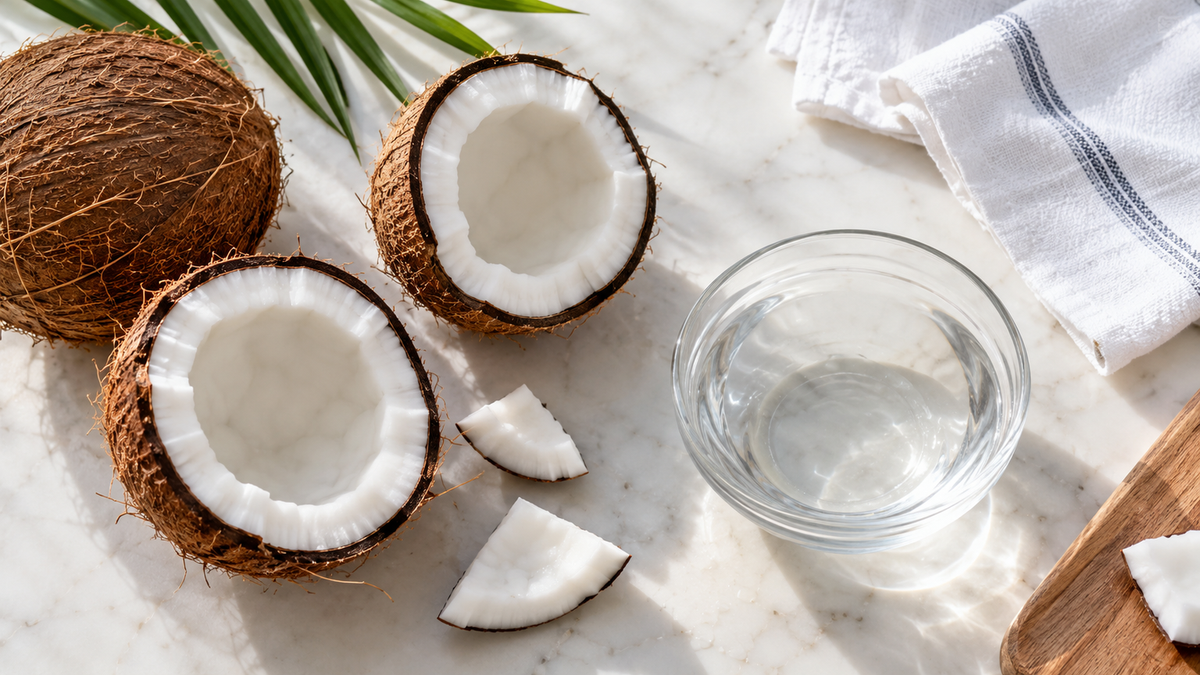 Fresh coconut halves and pieces beside a clear water bowl and white cotton cloth