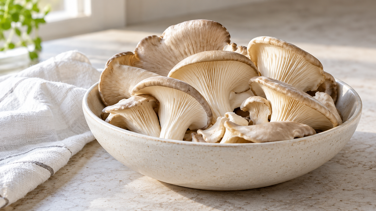 Fresh oyster mushrooms in a plain ceramic bowl beside white linen on a bright kitchen counter