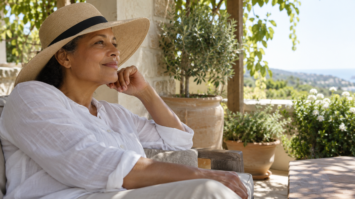 Mature woman wearing a broad hat and white long sleeves while sitting in terrace shade