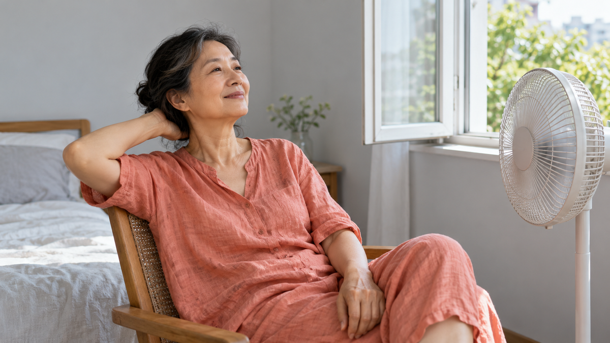 Mature East Asian woman in loose coral linen resting beside an open bedroom window and a plain fan