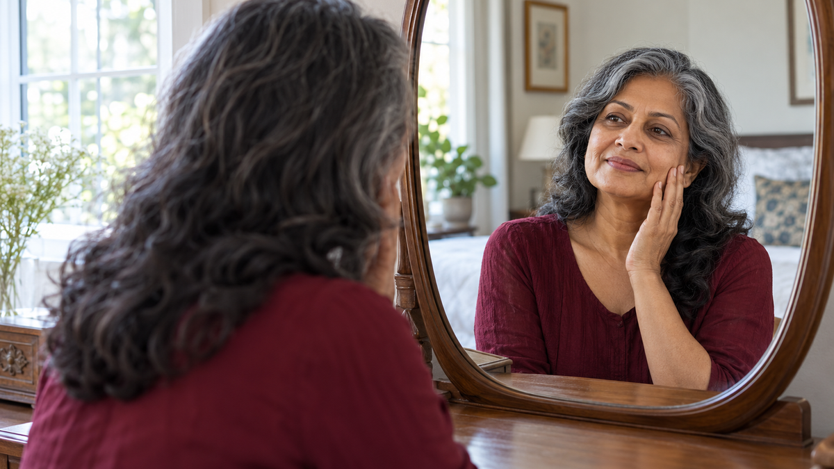 Mature woman in a burgundy top gently touching her cheek beside an oval mirror
