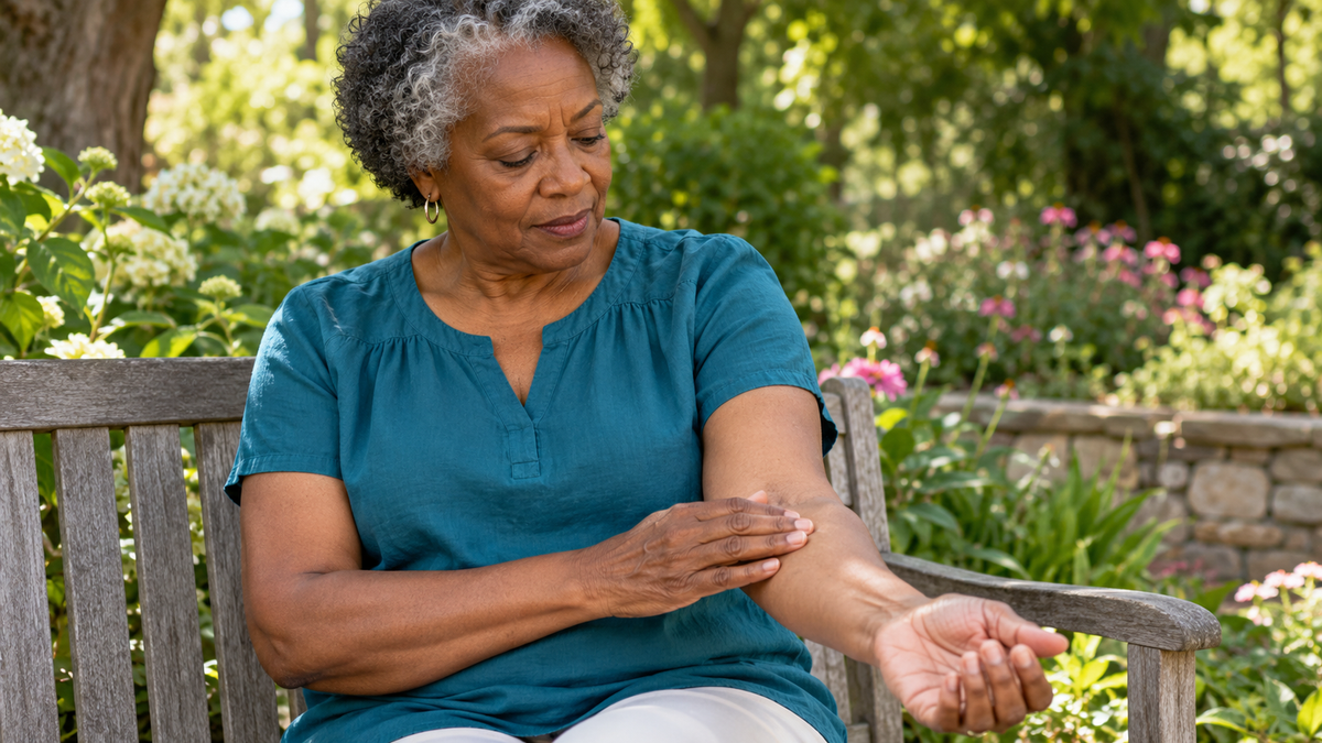 Mature woman looking at her forearm while seated on a garden bench in soft shade