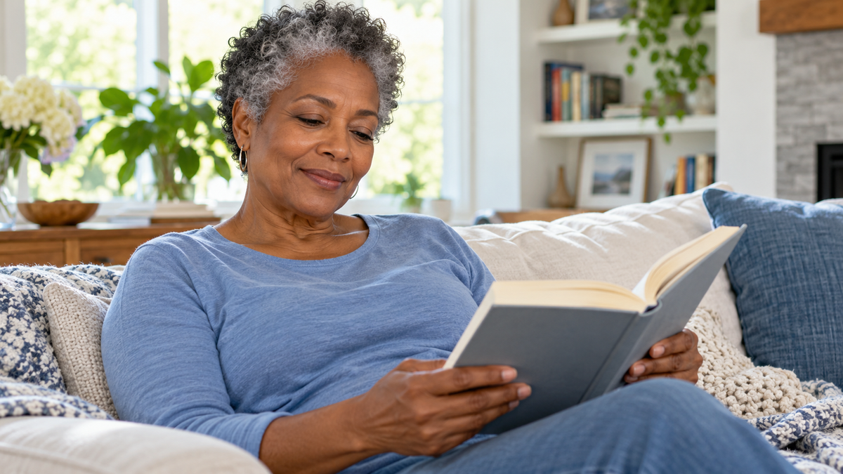 Mature Black woman in a soft blue top reading a book on a bright living room sofa