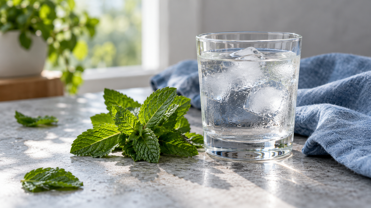 Fresh mint leaves beside a glass of ice water and a blue linen napkin in daylight