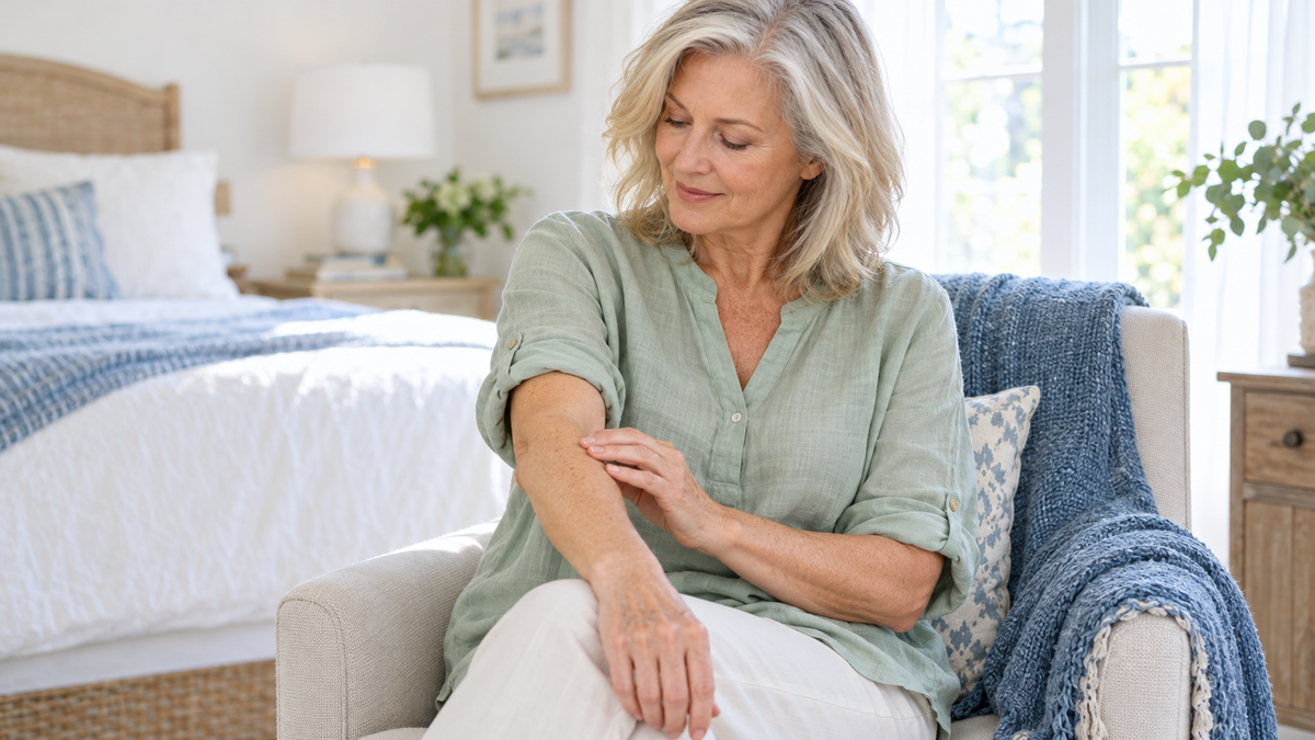 Mature woman in a pale green blouse calmly looking at her intact forearm in a bright bedroom