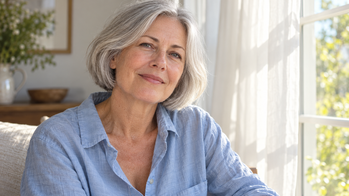 Silver-haired mature woman in a blue linen shirt sitting beside a bright window
