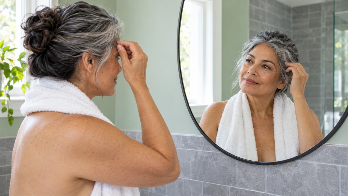Mature woman with a white towel over her shoulders adjusting her hair beside a bathroom mirror