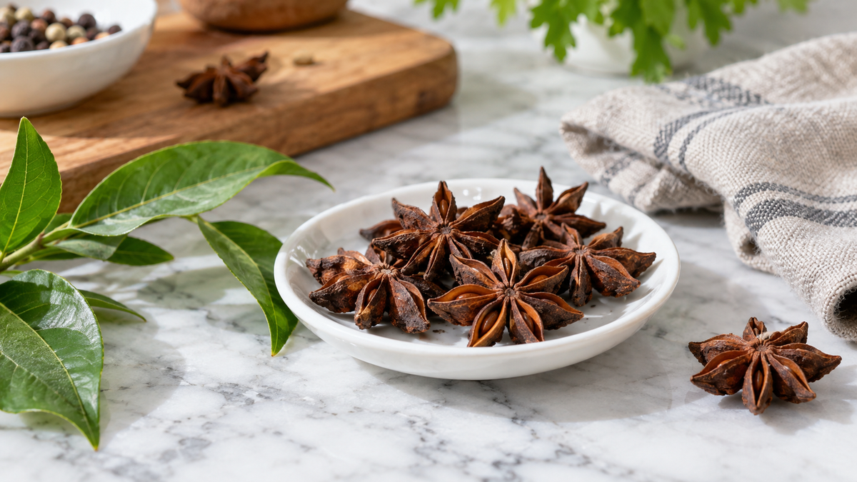 Star anise pods on a white saucer beside green leaves and folded linen on a kitchen table