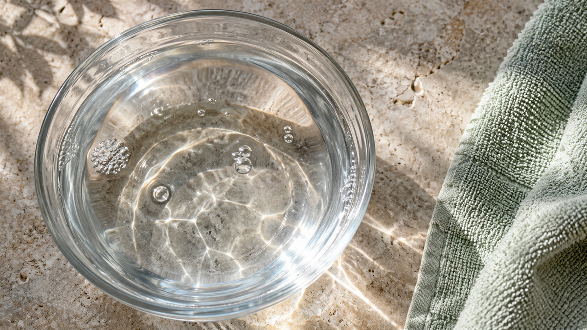 Clear water with small bubbles in a glass bowl beside a pale green towel on sunlit stone