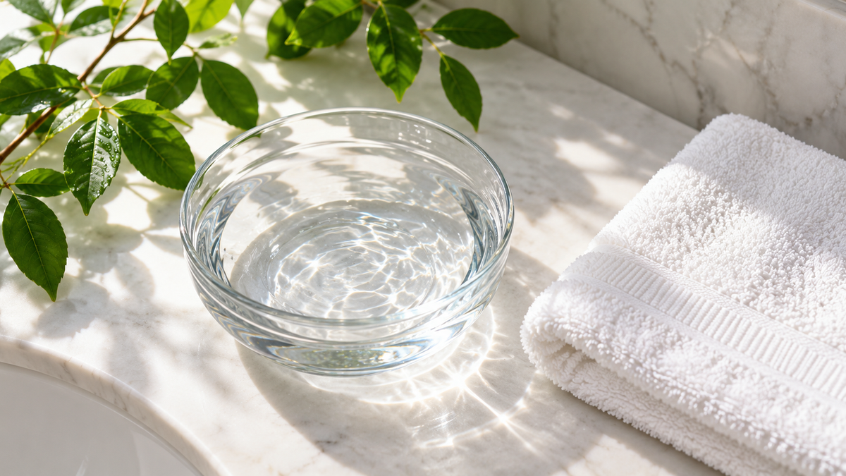 Clear water bowl beside a white towel and green leaves on a bright bathroom shelf
