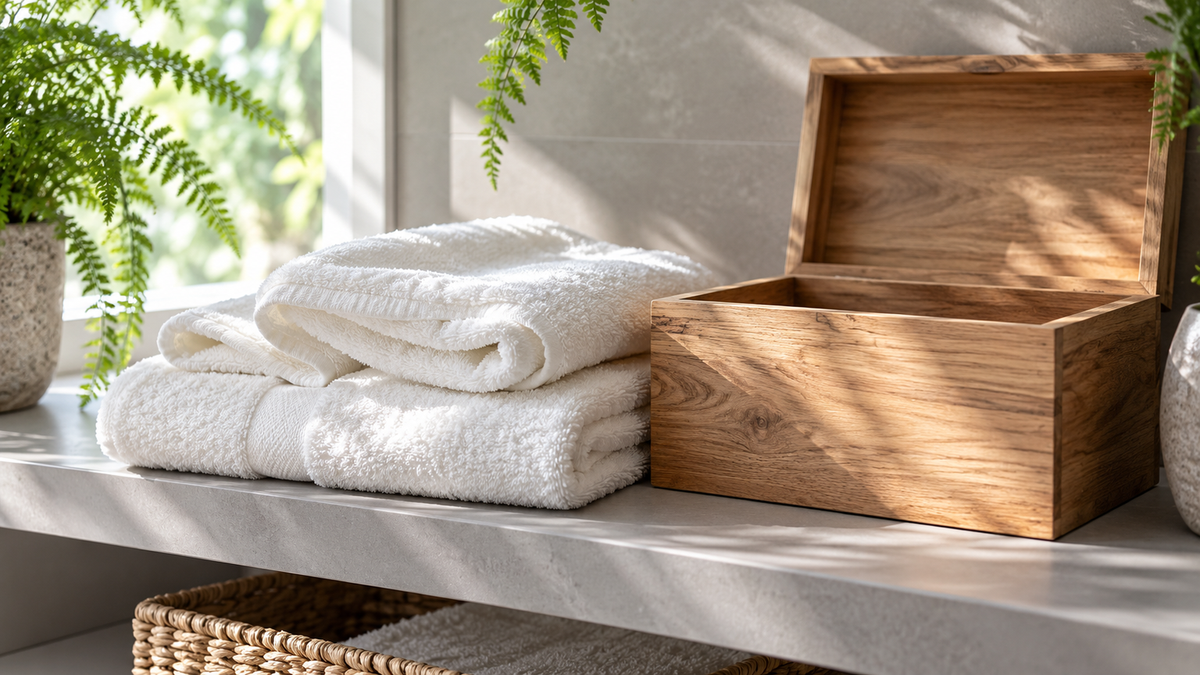 Folded white cotton towels beside an empty wooden storage box and fern on a sunlit bathroom shelf