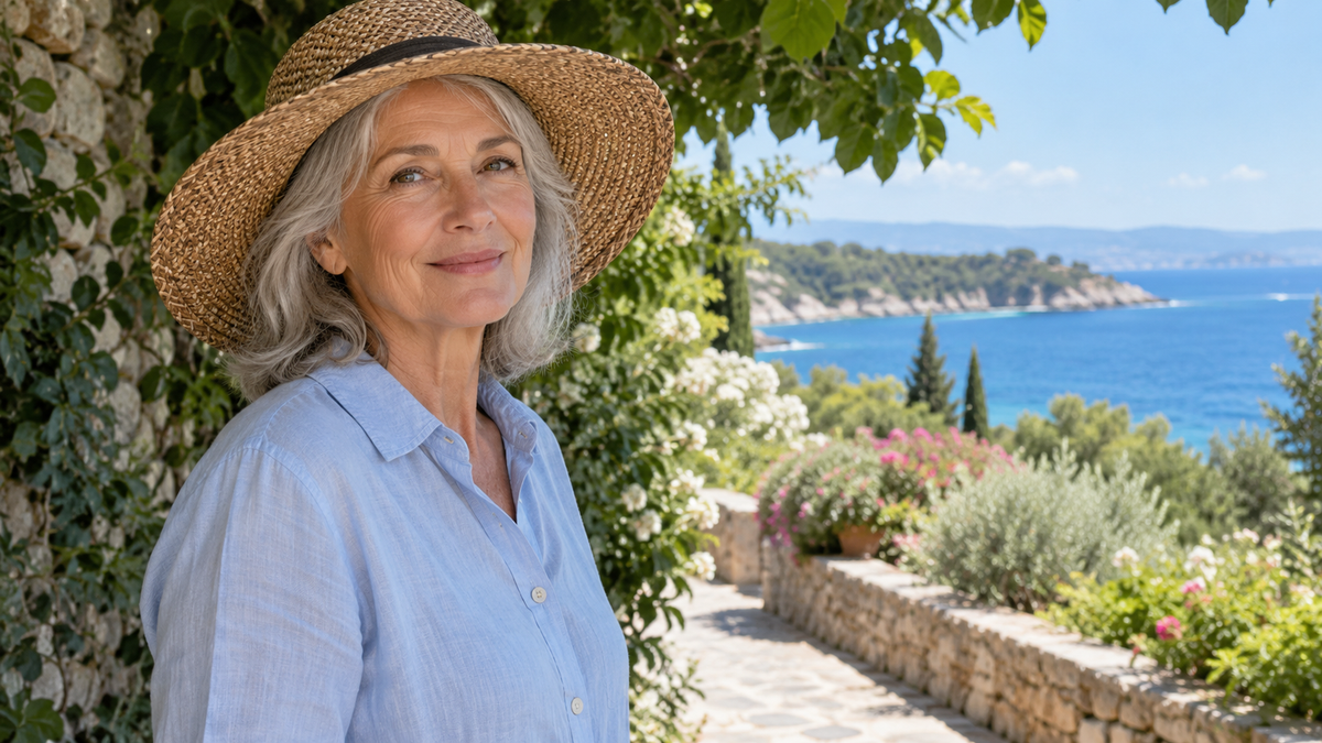 Silver-haired mature woman in a wide-brimmed hat and pale blue shirt standing in shade beside a coastal garden