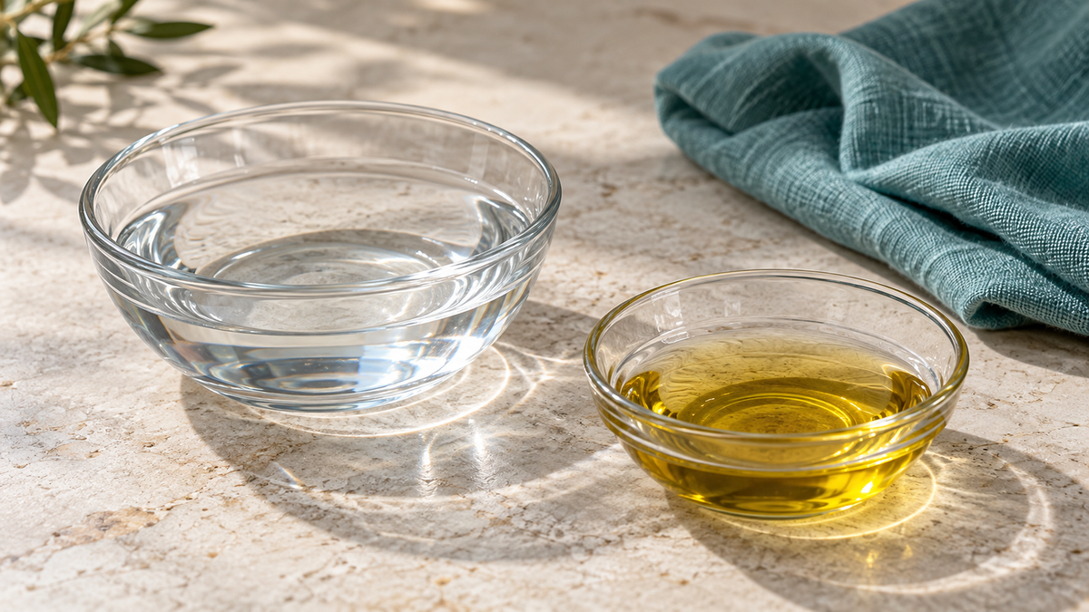 Separate clear glass bowls of water and golden oil beside a folded teal cloth on a pale stone counter