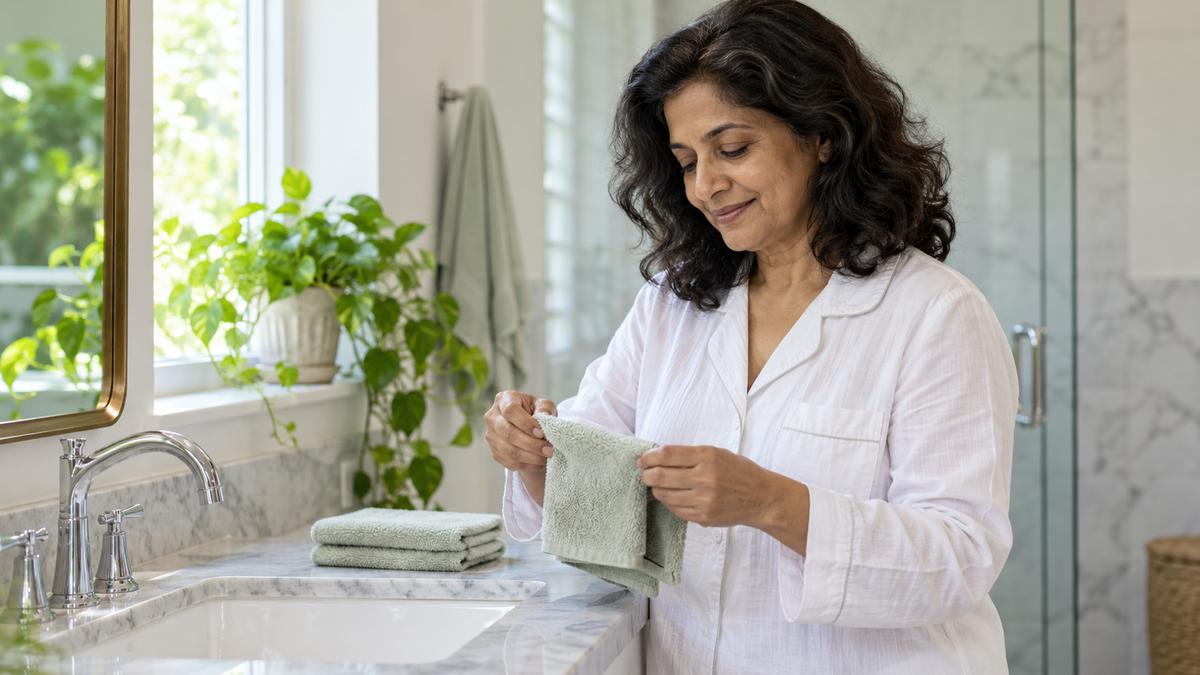 Mature South Asian woman in white cotton pajamas folding a pale green washcloth beside a bright bathroom basin
