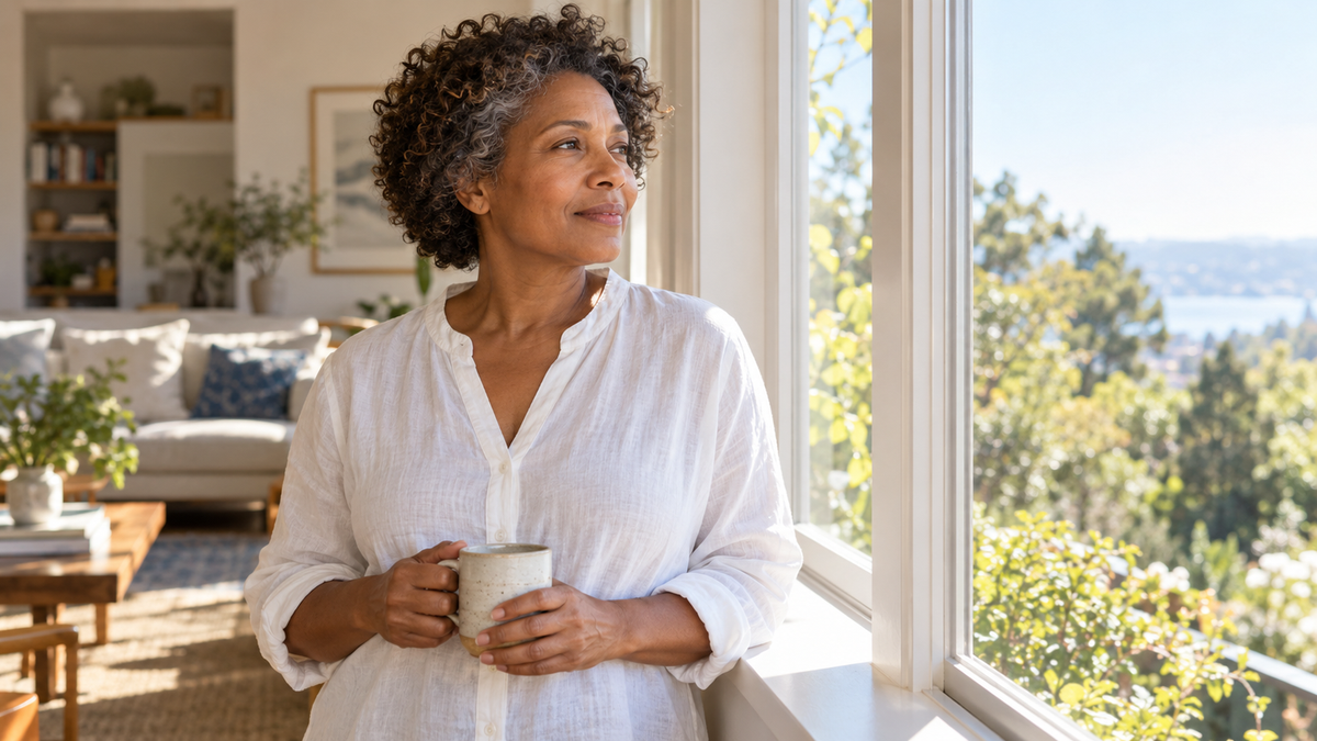 Curly-haired mature woman in a white blouse looking thoughtfully out a bright window