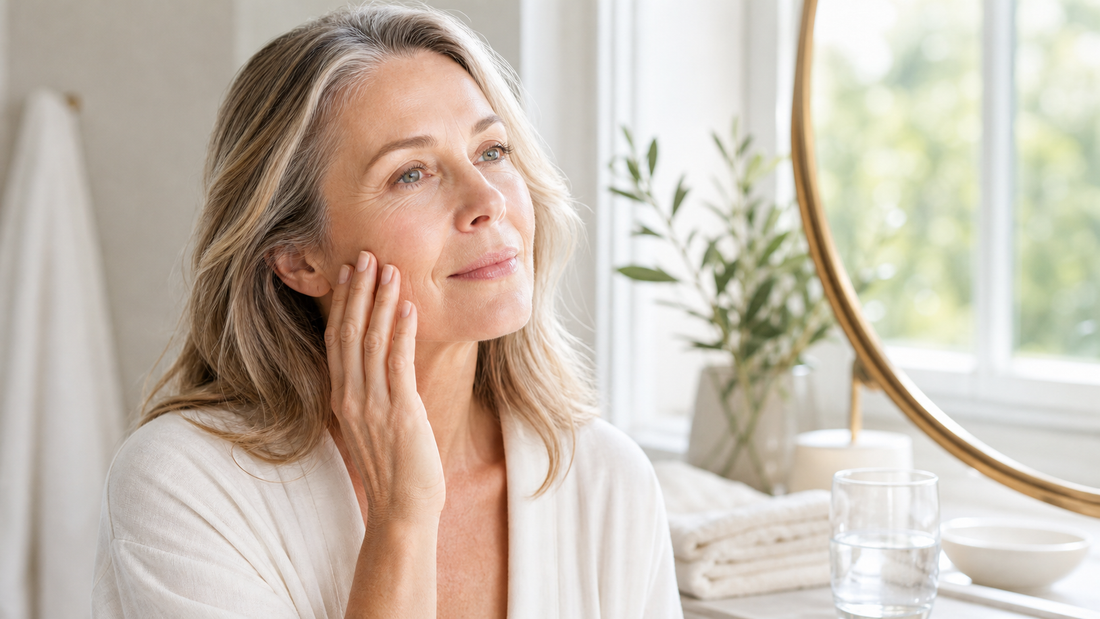 Woman over 45 in soft daylight representing dull dehydrated skin and hydration support