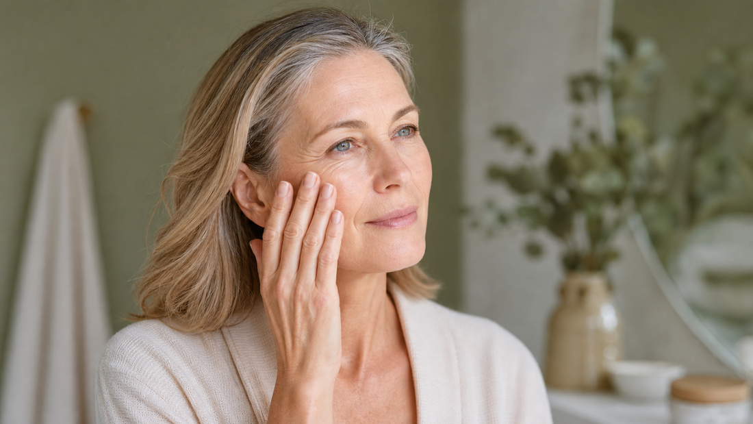 Woman over 45 gently touching her cheek in a calm skincare moment for dry-feeling skin