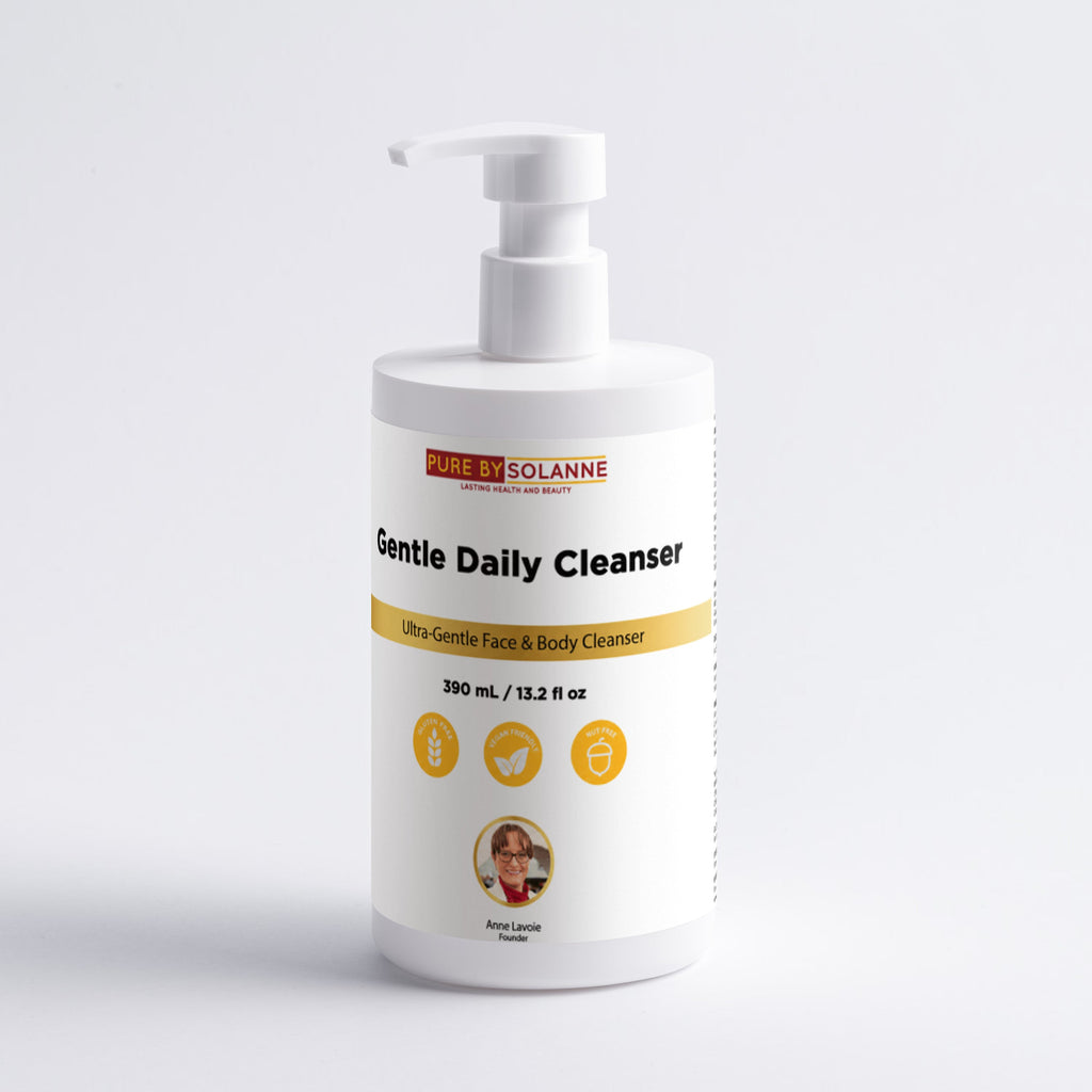 A white pump bottle of Mlle Solanne Gentle Daily Cleanser with a white label, gold accent band, and orange brand logo, set against a clean white background.