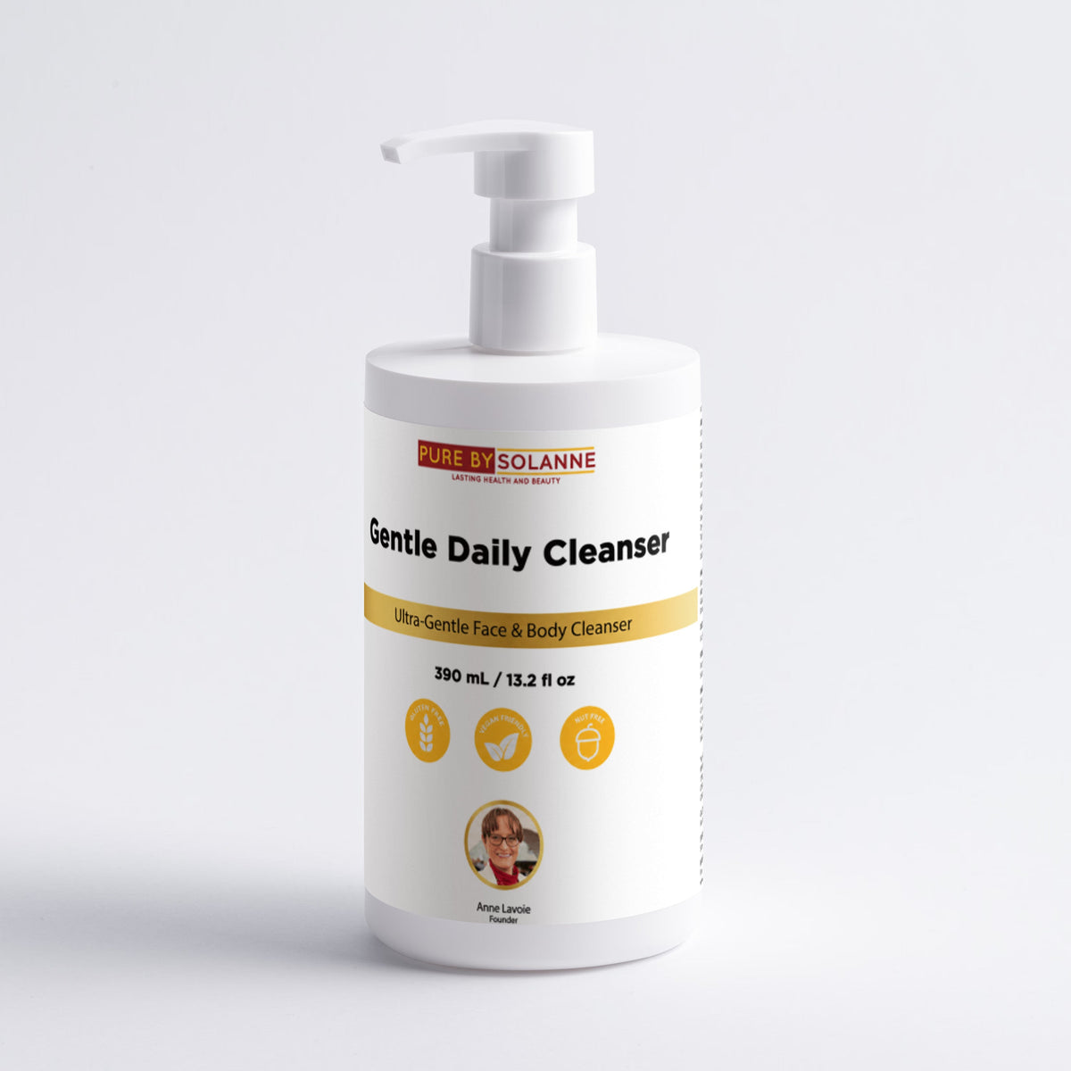 A white pump bottle of Mlle Solanne Gentle Daily Cleanser with a white label, gold accent band, and orange brand logo, set against a clean white background.